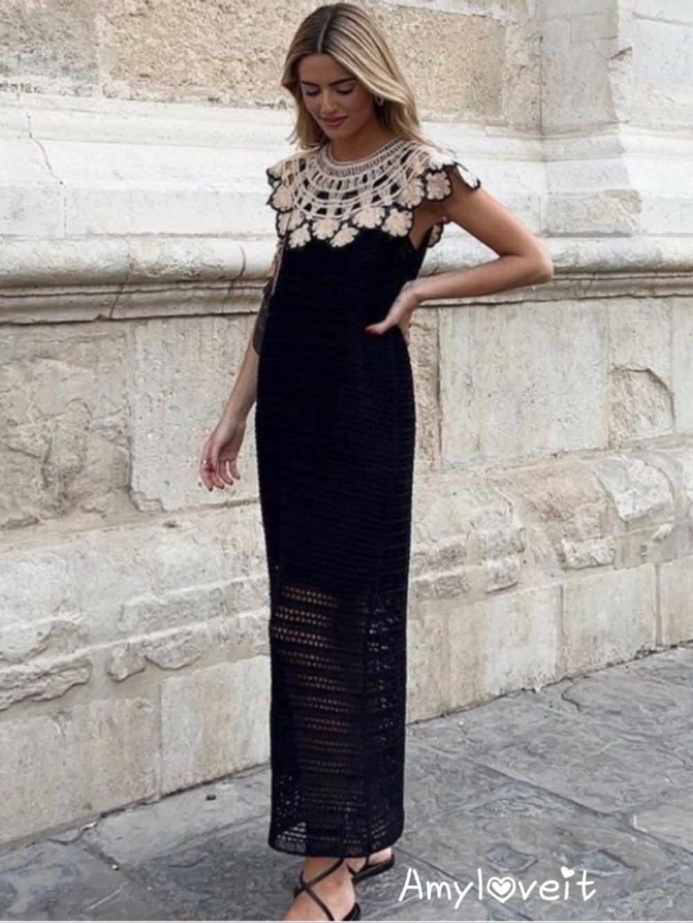 Zara Crochet Midi Dress Peter Pan Collar #41